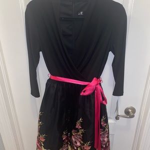 Black Wrap Cocktail Dress with Flower Embroidery